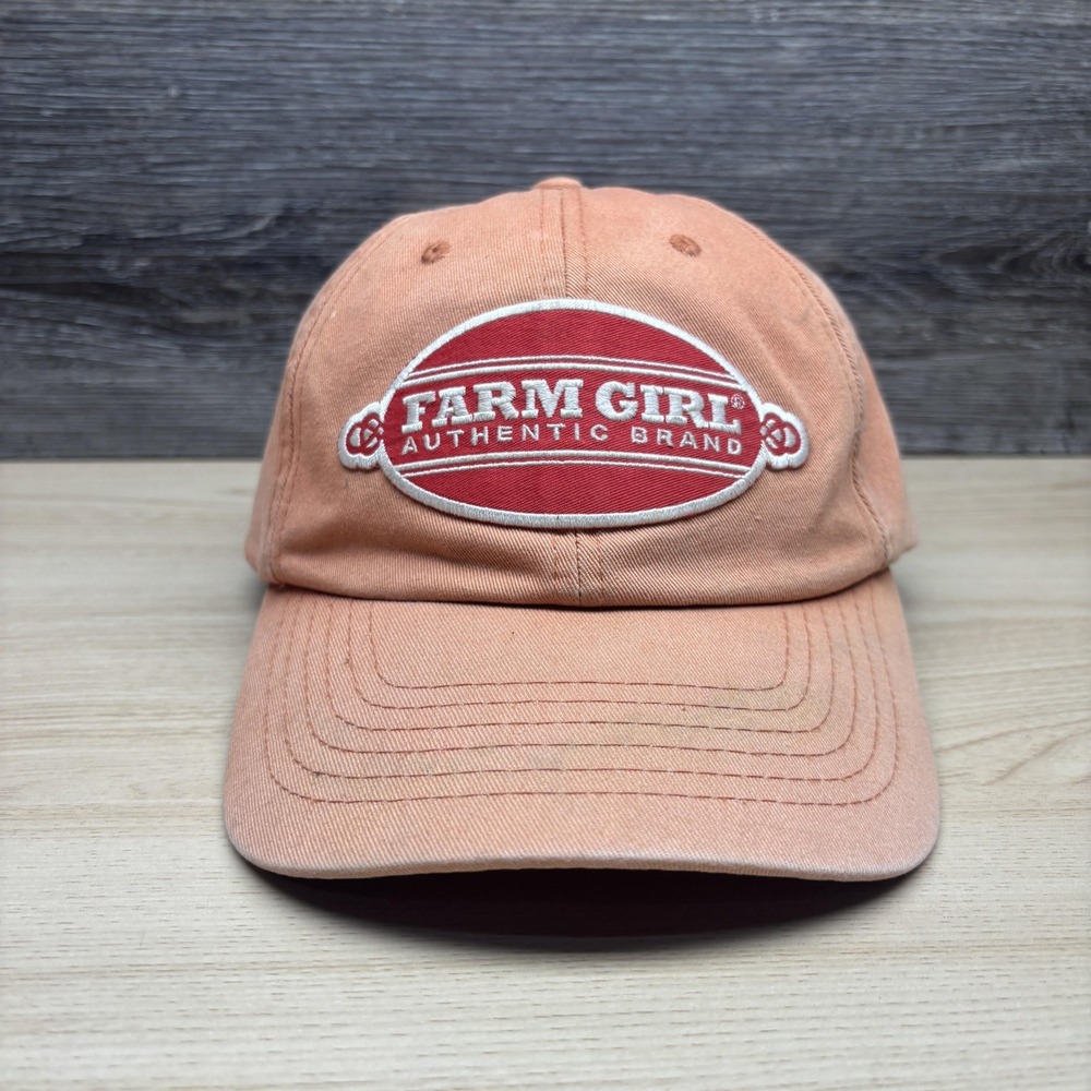 Farm Girl Hat Cap Strap Back One Size Peach Red Embroidered Patch Womens Dad Hat